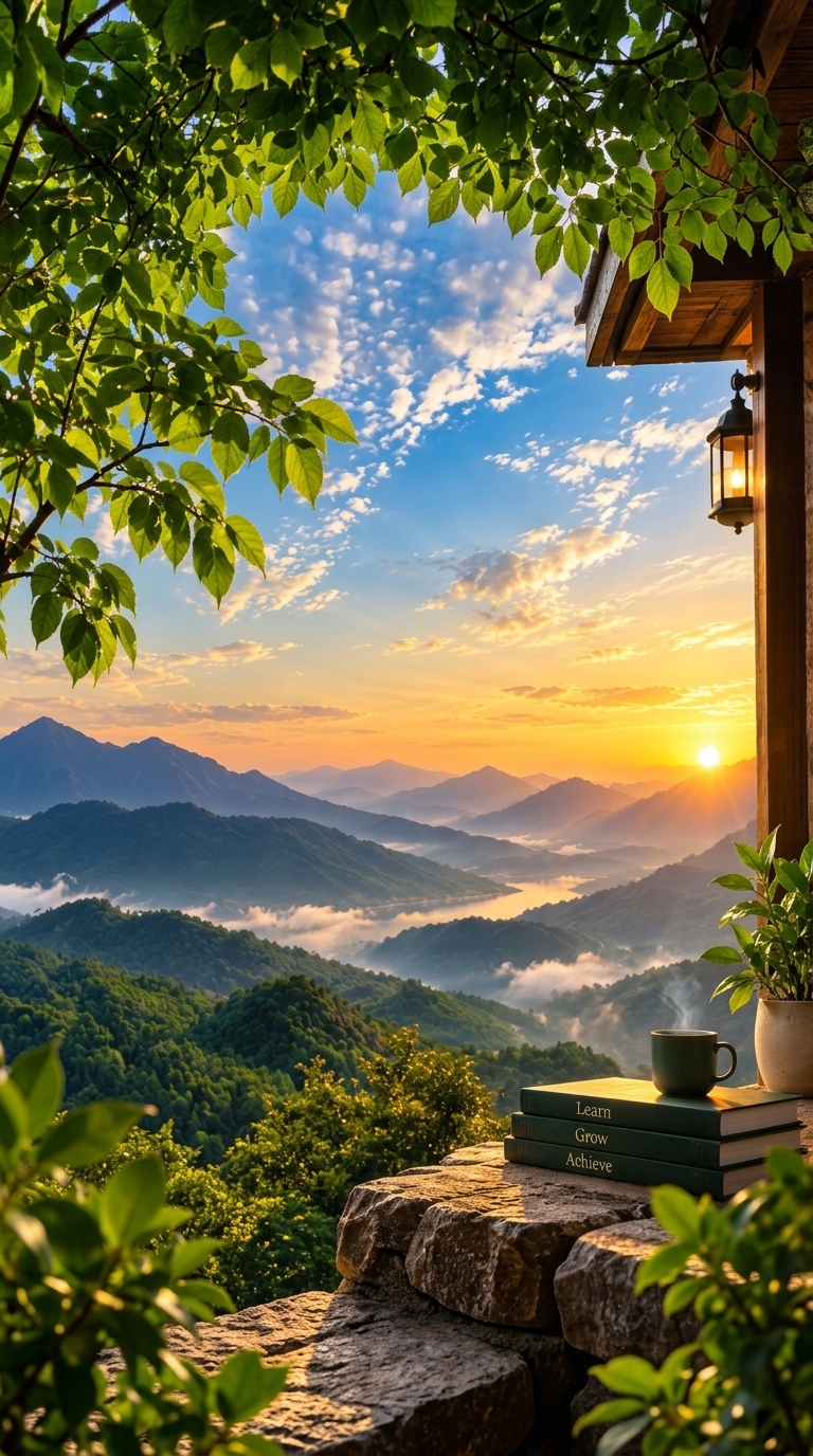 Quiet morning devotion with books reading Learn, Grow, Achieve overlooking peaceful misty mountains at sunrise