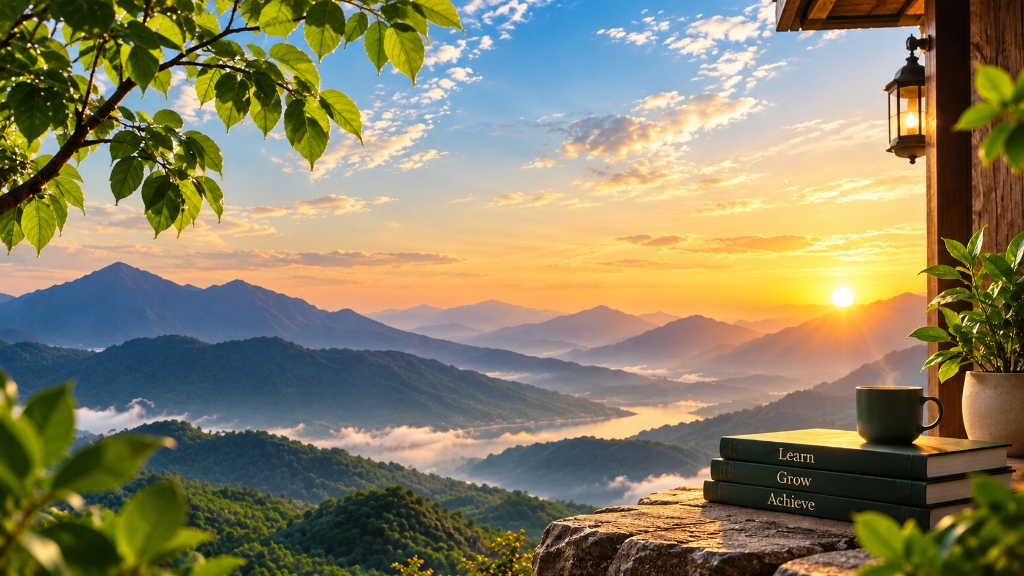 Quiet morning devotion with books reading Learn, Grow, Achieve overlooking peaceful misty mountains at sunrise